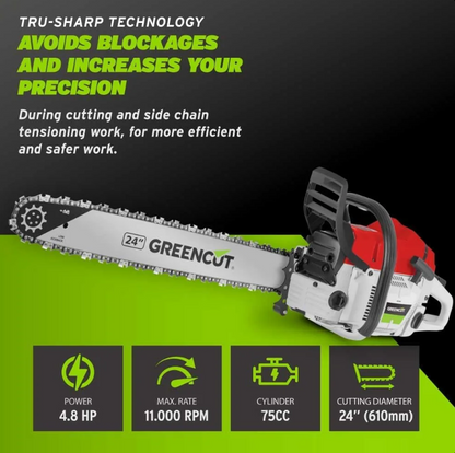 Greencut GS750X 2-stroke petrol chainsaw, 75cc, 4.8hp