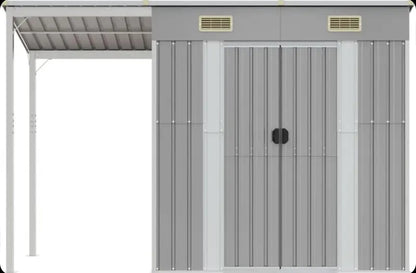 Garden shed with elongated roof, light grey, 277 x 110.5 x 181 cm