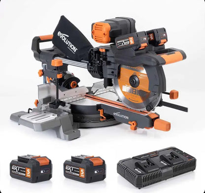 Evolution Power Tools R255SMS-DB-Li Cordless double-sided sliding mitre saw 2x 18 V Li-Ion EXT including multi-material blade for cutting wood