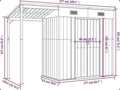 Garden shed with elongated roof, light grey, 277 x 110.5 x 181 cm