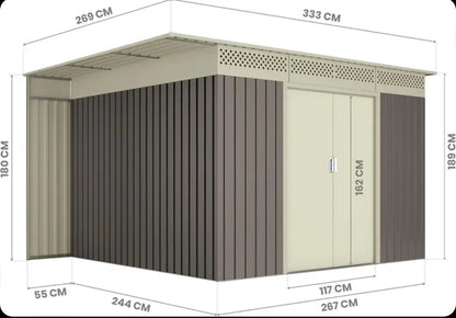 Okoru Hoggar Grey/Beige Metal Storage Shed 8.96m2 - 269x333x189cm. Garden Terrace Shed