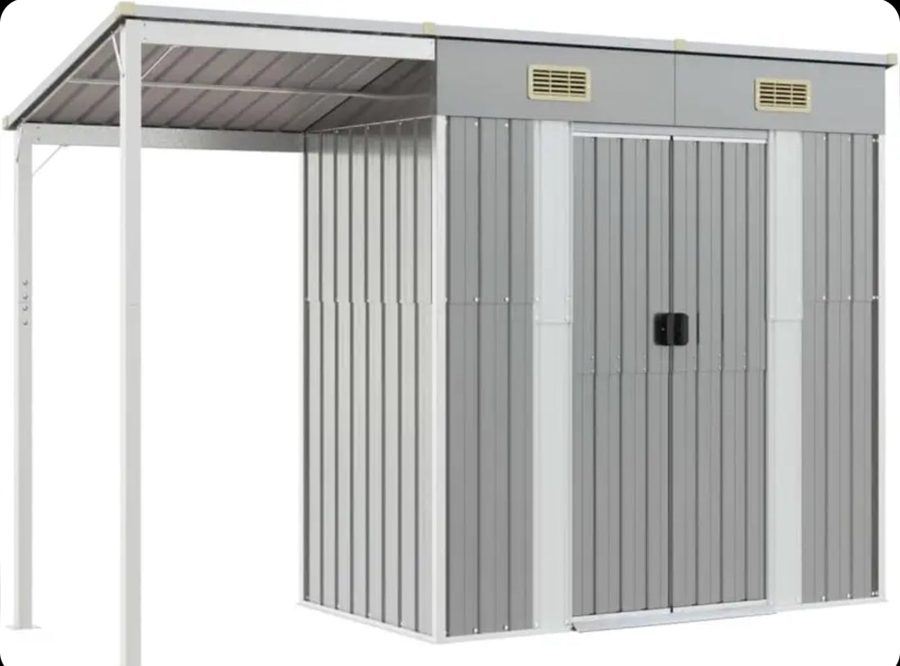 Garden shed with elongated roof, light grey, 277 x 110.5 x 181 cm