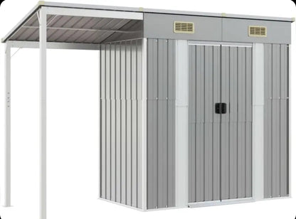 Garden shed with elongated roof, light grey, 277 x 110.5 x 181 cm