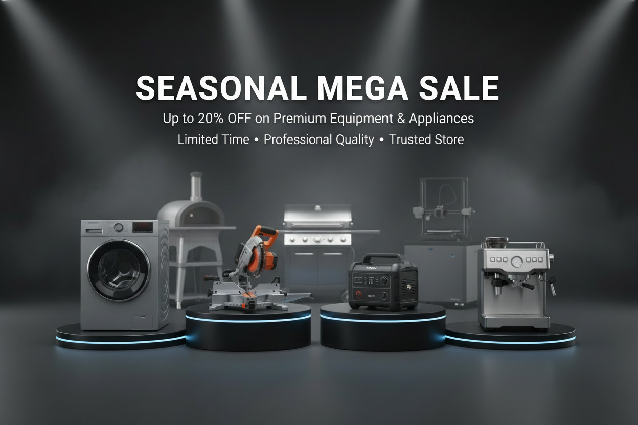 i need a banner image with the home appliances, except the refrigerator and washing machine. Also include lawnmowers, generators, and engines of cars. With the text "Black Friday upto 20% off", images must be in dark theme.